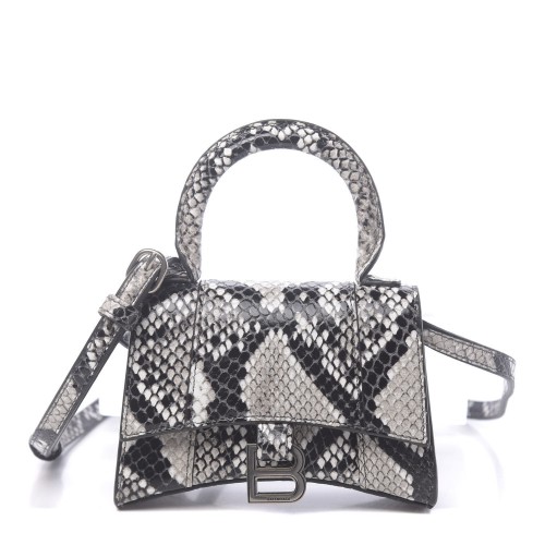 BALENCIAGA Shiny Calfskin Python Effect Hourglass Top Handle Bag Mini Black