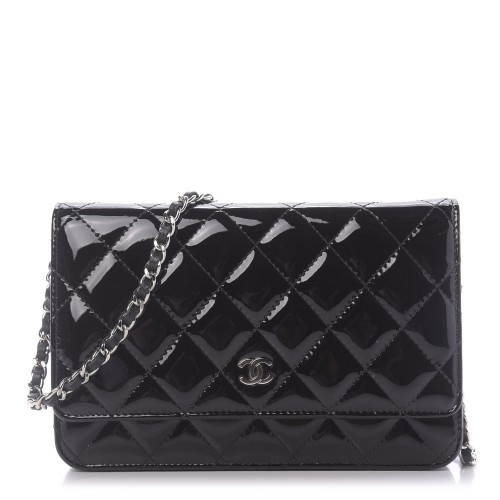 CHANEL Patent Quilted Wallet On Chain WOC Black