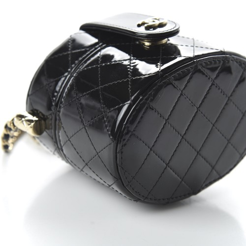 CHANEL Patent Quilted Round Small Vanity With Chain Black