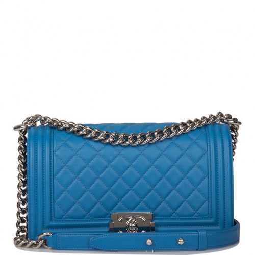Chanel Blue Quilted Calfskin Medium Boy Bag Silver Hardware